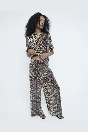 River Island Womens Trousers Brown Leopard Print Sequin - - Size 8 UK