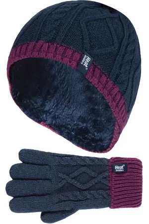 Heat Holders Boys - Kids Girls Cute Cable Knitted Warm Fleece Lined Pompom Winter Hat and Gloves Set with Bobble - NP2P13 - - Size 7-10Y