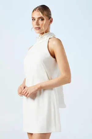 Oasis Womens Halterneck Scallop Trim Structured Satin Shift Mini Bridal Dress - - Size 12 UK