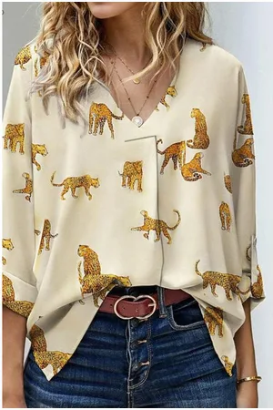 Azura Exchange Womens Apricot Printed Leopard Print Tab Sleeve Loose Fit V Neck Blouse - - Size Large