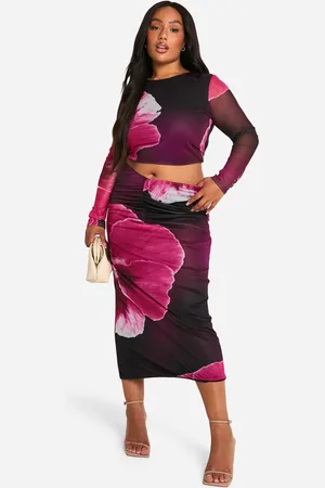 Boohoo Womens Plus Large Floral Mesh Ruched Back Midaxi Skirt - - Size 26 UK