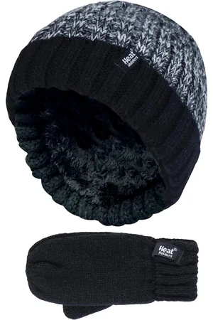 Heat Holders Kids Boys Winter Knitted Thermal Fleece Lined Cuffed Beanie Hat and Mittens Set - BTO1P6 - - Size 4-6Y