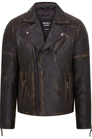 Infinity Mens Vintage Black Brando Double Cross Zip Biker Jacket- Fagernes - Lamb Leather - Size Small
