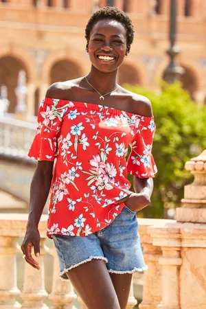 Sosandar Womens Red Print Fluted Sleeve Bardot Top Denim - Size 6 UK