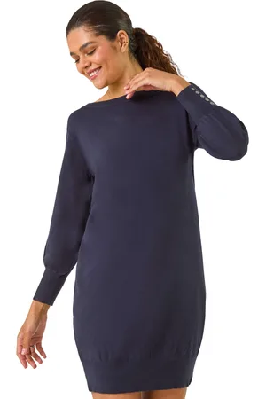 Roman Womens Button Detail Slash Neck Knitted Stretch Dress - - Size 16 UK