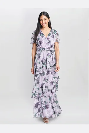 Gina Bacconi Womens RUBY Printed Tiered Maxi Dress with Belt - - Size 14 UK