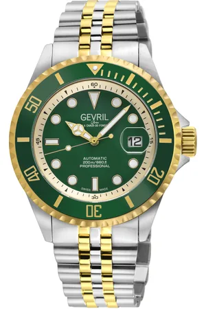 Gevril Mens Wall Street Swiss Automatic Sellita SW200 Green Enamel Dial, SS/IPYG Statin and Polished Bracelet - - One Size