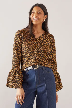 wallis Womens Leopard Print Textured Jersey Flute Sleeve Top - - Size 8 UK
