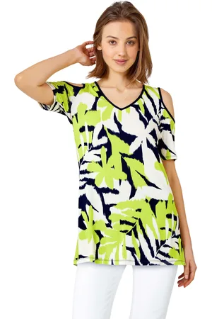 Roman Womens Leaf Print Cold Shoulder Top - Viscose - Size 10 UK