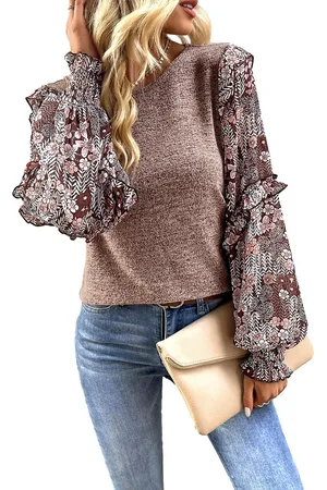 Azura Exchange Womens Pale Ruffle Tiered Floral Sleeve Crew Neck Blouse - Size X-Large