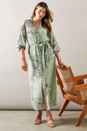wallis Womens Sage Floral High - Low Hem Button Through Dress - Viscose - Size 16 UK