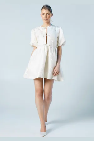 Oasis Womens Puff Sleeve Jacquard Bow Front Mini Bridal Dress - - Size 14 UK