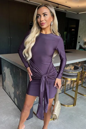 Ax Paris Womens Plum Slinky Long Sleeve Sash Bodycon Mini Dress - - Size 14 UK