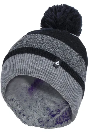 Heat Holders Womens - Ladies Warm Knit Fleece Lined Winter Hat with Pom Pom - Black / Grey - - One Size