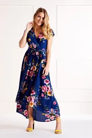 Mela Womens Blue Floral Wrap Over Dipped Hem Midi Dress - - Size 12 UK