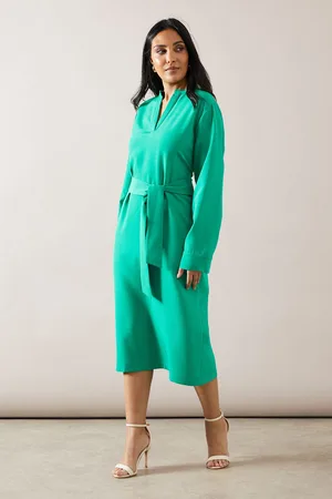 wallis Womens Petite Collared Long Sleeve Tie Waist Midi Dress - - Size 18 UK