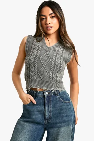 Boohoo Womens Acid Wash Cable Knit V Neck Tank - Cotton - Size Large