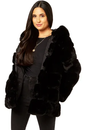 Gini London Womens Horizontal Cut Fur Hooded Jacket - - Size L/XL