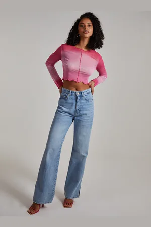 Pink Vanilla Womens Ombre Exposed Long Sleeve Mesh Crop Top - Size Large