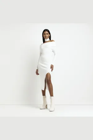 River Island Womens Bodycon Midi Dress Knit Bardot Viscose - Size Medium