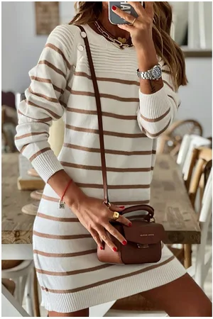 Azura Exchange WoMens Button Ribbed Detail Mini Sweater Dress in Stripe - Viscose - Size X-Large