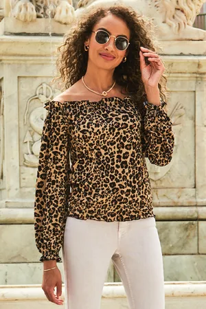 Sosandar Womens Leopard Print Ruffle Detail Bardot Top - - Size 6 UK