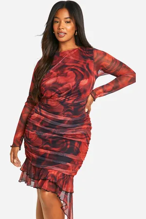 Boohoo Womens Plus Printed Long Sleeve Ruffle Ruched Mini Dress - - Size 28 UK