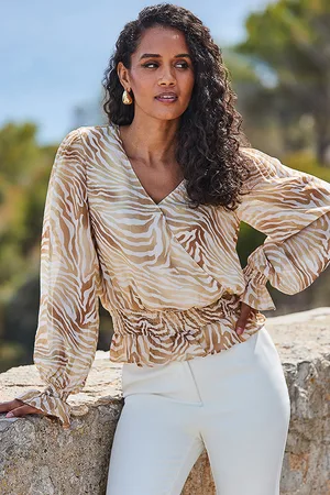 Sosandar Womens Natural Zebra Print Ruffle Hem Shirred Detail Wrap Top - - Size 14 UK