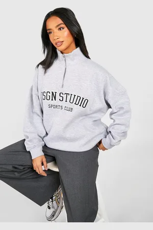 Boohoo Womens Petite Dsgn Studio Applique Oversized Half Zip Sweatshirt - - Size Small
