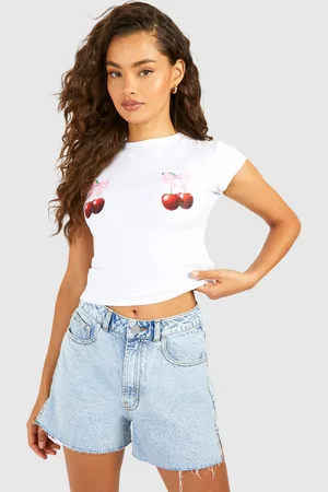 Boohoo Womens Cherry Printed Cap Sleeve Baby Tee - Cotton - Size 8 UK