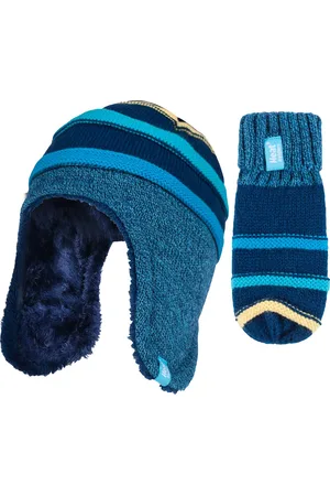 Heat Holders Childrens Boys Winter Warm Fleece Lined Thermal Hat and Mittens Set with Ear Flaps - CCM2P4 - - Size 4-6Y