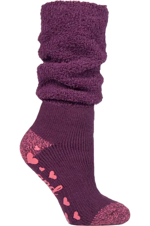 Heat Holders Womens - Ladies Soft Fluffy Slouch Top Non Slip Slipper Thermal Bed Socks with Grippers - Wine (Slouch) - - Size UK 4-8