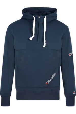 Champion Mens Half Zip Asymmetric Pocket Logo Navy Hoodie Cotton - Size X-Small