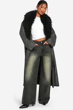 Boohoo Womens Faux Fur Collar Vintage Look Leather Trench Coat - - Size 8 UK
