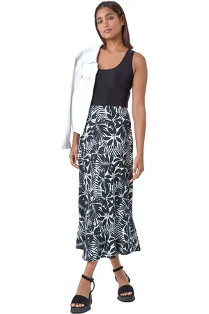 Roman Womens Leaf Print Linen Blend A-Line Skirt - Denim - Size 12 UK
