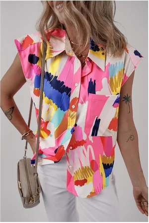 Azura Exchange Womens Abstract Print Collared Cap Sleeve Casual Shirt - Size Medium
