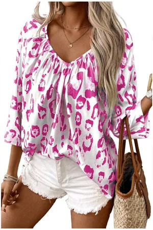 Azura Exchange Womens Leopard Print VNeck Short Sleeve Blouse - - Size Small