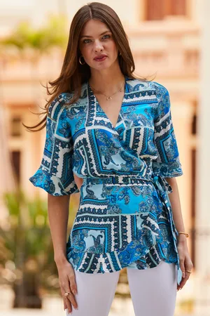 Sosandar Womens Scarf Print Ruffle Detail Wrap Top - Size 6 UK