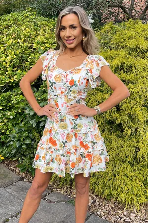 Ax Paris Womens Floral Printed Cut Out Back Frill Mini Skater Dress - Size 16 UK