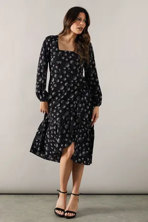 wallis Womens Printed Long Sleeve Ruffle Detail Midi Dress - - Size 10 UK