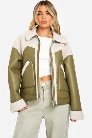 Boohoo Womens Faux Leather Teddy Trim Aviator Jacket - - Size 10 UK