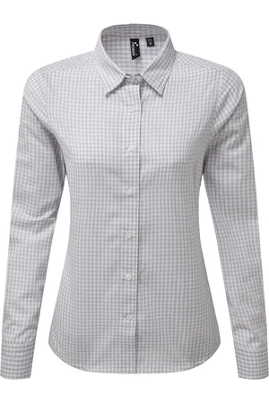 Premier Womens/Ladies Maxton Gingham Long-Sleeved Shirt (Silver/White) - - Size Small