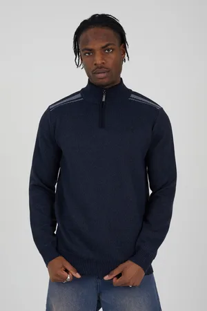 Brave Soul Mens Quarter Zip Funnel Neck Rib Knit Jumper With Stripe Detail - Size X-Large
