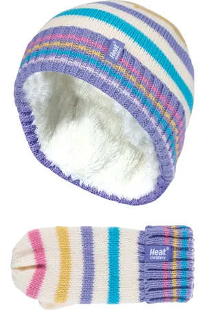 Heat Holders Boys - Kids Girls Fleece Lined Knitted Striped Colourful Winter Thermal Hat and Mittens Set - CS2P11 - - Size 4-6Y