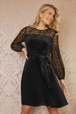 Yumi Womens Velvet Skater Dress With Lace Sleeves - Size 8 UK