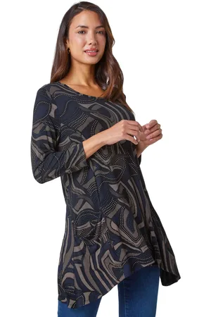 Roman Womens Swirl Print Hanky Hem Stretch Top - - Size 10 UK