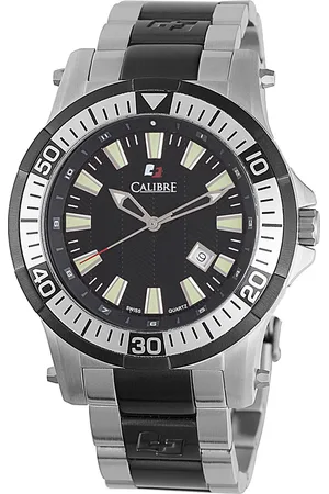Calibre Mens Hawk Date Swiss Made Movement Watch Stainless Steel Strap Black Dial - One Size
