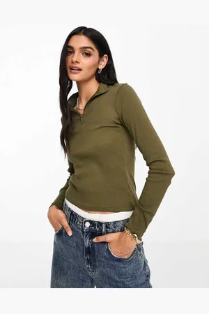 Brave Soul Womens long sleeve quarter zip top in olive-Green - - Size Small