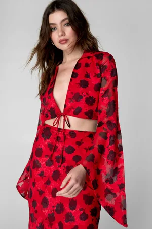 NASTY GAL Womens Burnout Floral Printed Tie Front Top - - Size 8 UK