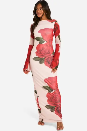 Boohoo Womens Slash Neck Rose Mesh Print Flare Sleeve Maxi Dress - - Size 14 UK
